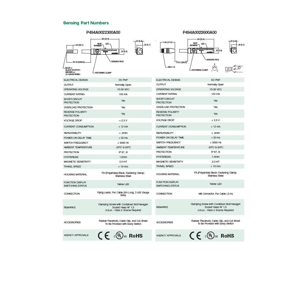 P494A0022600A00 NUMATICS/AVENTICS CYLINDER SWITCH<BR>ELECTRONIC, PNP 10-30VDC, LED, M8 QUICK DISC.